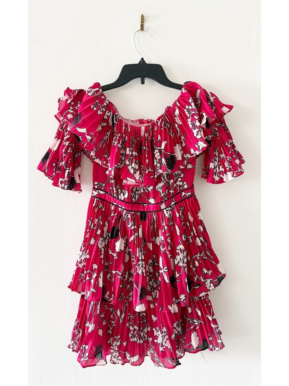 Self Portrait Red-Pink Floral Off The Shoulder Pleated Mini Dress Size US 4